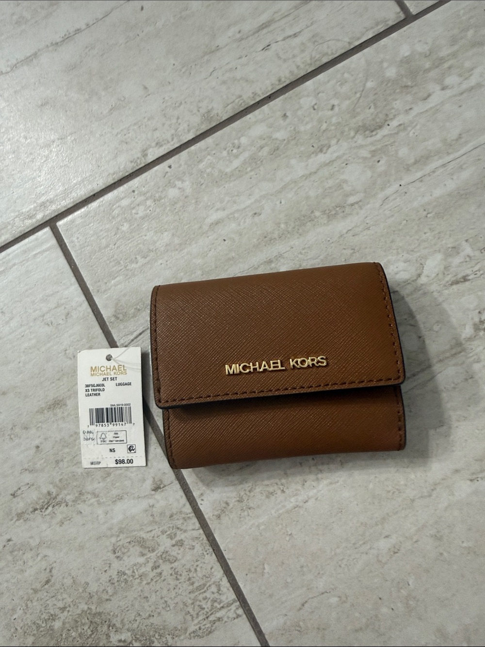 Michael Kors Brown Leather Compact Trifold Wallet with Gold Logo..NwT